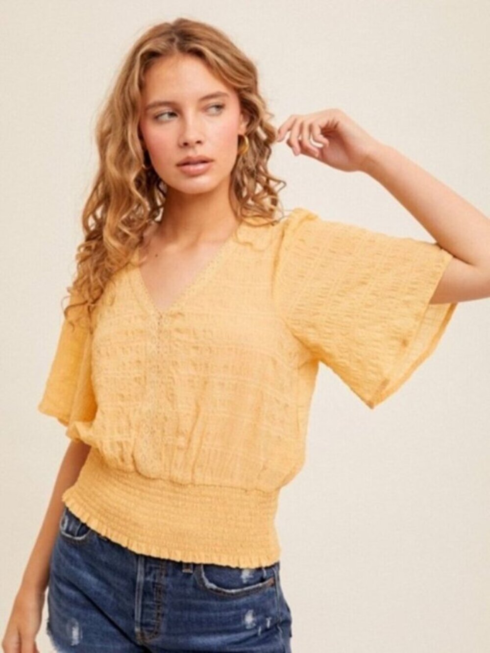 HEM & THREAD Crochet Trim Flutter Sleeve Tie Back Smocked Waist Top Yellow NWT